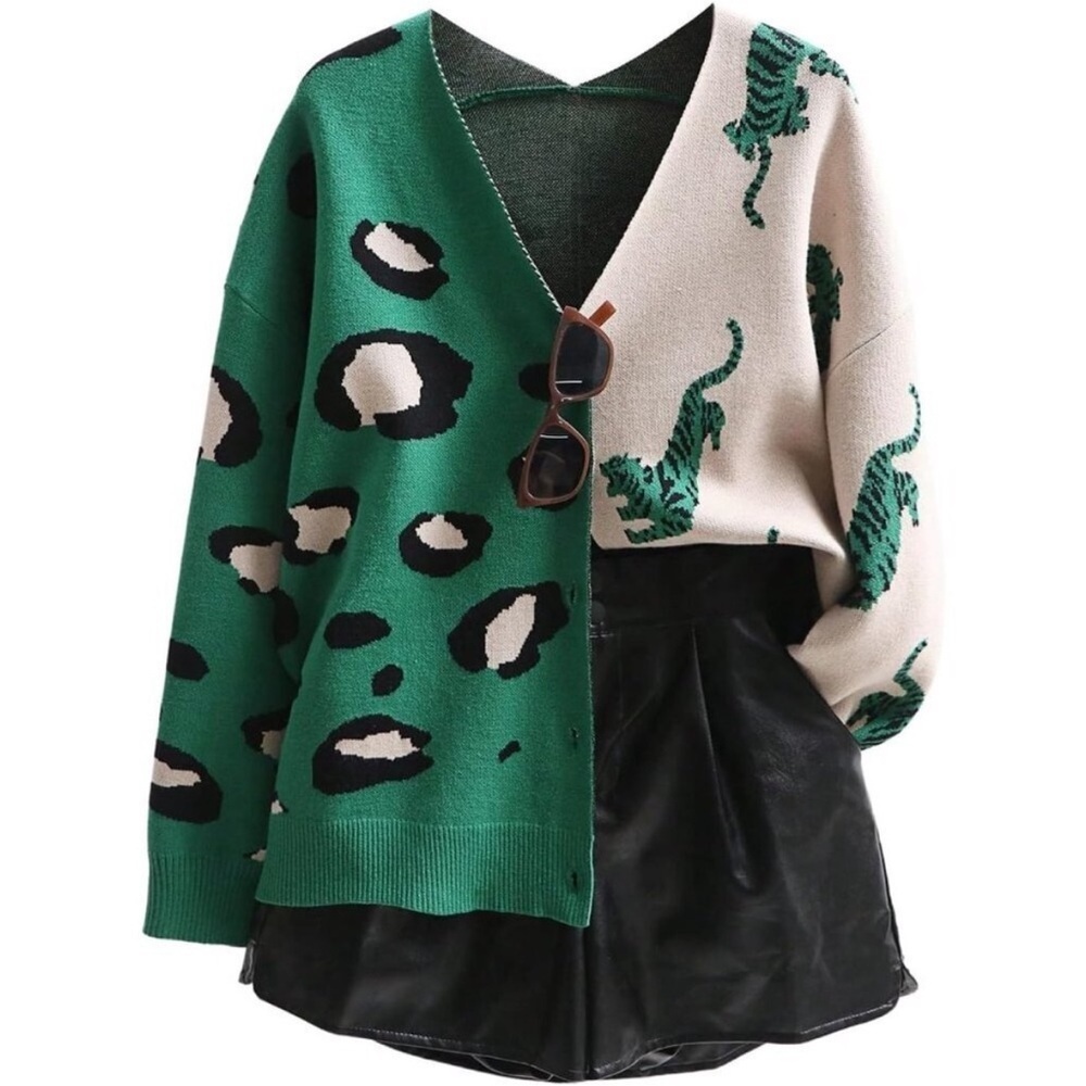 Leopard Tiger Print Cardigan Women's V Neck Long Sleeve Color Block Sweater